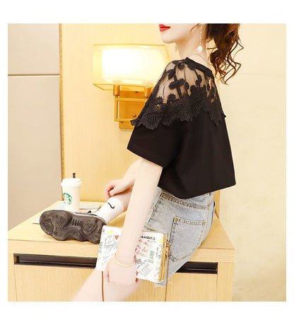 大人可愛い レース 切り替え 透かし彫り プリント全2色 半袖Tシャツ カットソー ins-8560