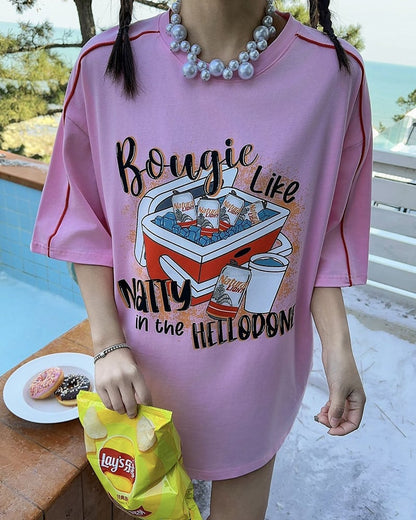 着せ ビッグロゴ ゆったり ロングTシャツ 半袖 ワンピースins-4859