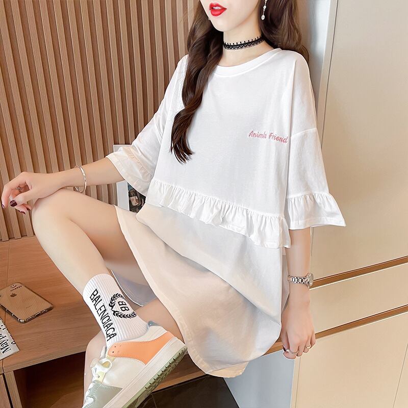 【半額！期間限定！！】合わせやすい フリル 切り替え プリント Tシャツ ゆったりワンピースins-3008