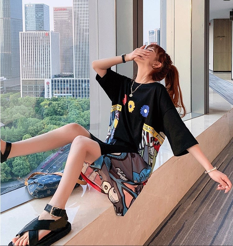 大人気ロング丈Tシャツワンピース     2色  ins-1160