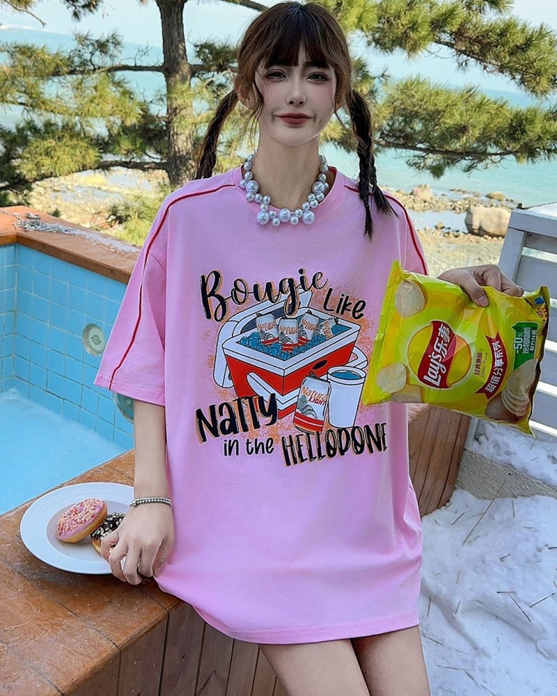 着せ ビッグロゴ ゆったり ロングTシャツ 半袖 ワンピースins-4859