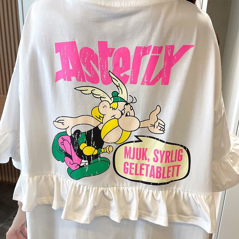 【半額！期間限定！！】合わせやすい フリル 切り替え プリント Tシャツ ゆったりワンピースins-3008