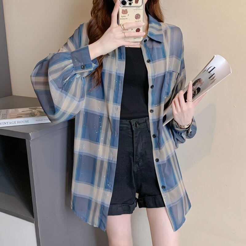 定番シンプル チェック柄 透け感 日焼け対策 全3色 シャツ ins-8544