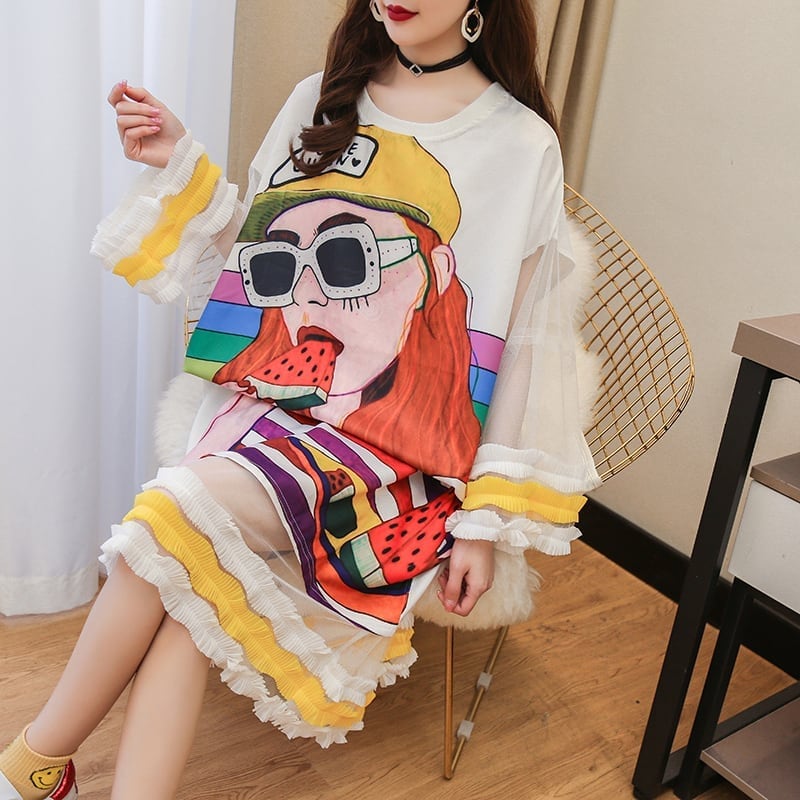 【ランキング上位】プリント お洒落 可愛い 着心地良い ロングTシャツワンピース　　ins-887
