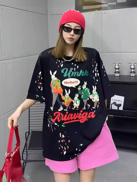 早い者勝ち  ファッション キュート ルーズ 落書き風　プリント半袖Tシャツ 全3色ins-4913