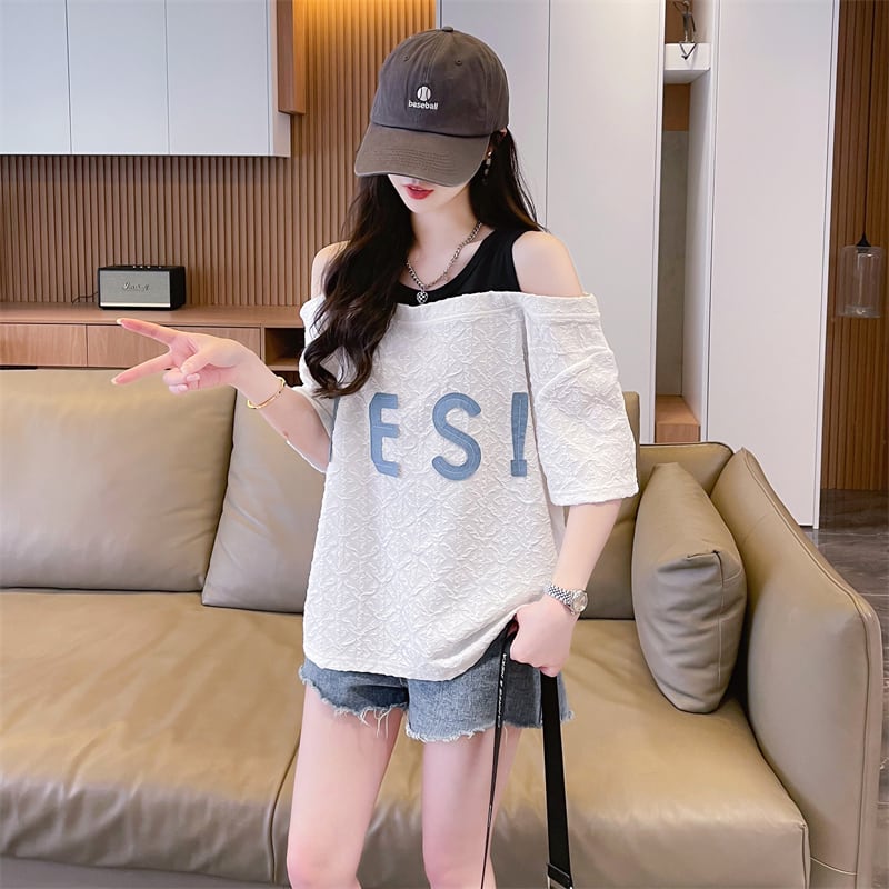 新商品 カジュアル ゆったり プリント オープンショルダー 2色 半袖Tシャツins-8282