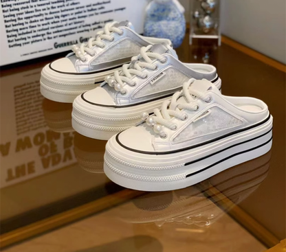 超人気  メッシュサンダル スリッポン スリッパ ミュール 通気性 ヒール4cm プラットフォームソールスニーカーミュール 全2色ins-8551