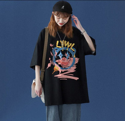 話題沸騰中 カジュアル  ゆったり プリント 2色半袖Tシャツins-8159