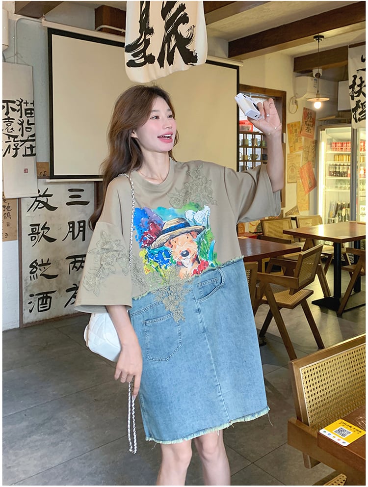 超人気 ファッション カジュアル デニム 切り替え プリント ワンピースins-8615