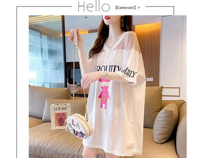 売り切れ必至 セクシー Vネック 切り替え チュール プリントTシャツ ゆったりワンピース ins-3050