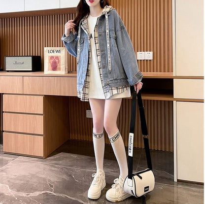 大活躍 レイヤード風 デニムジャケット パーカーins-8049