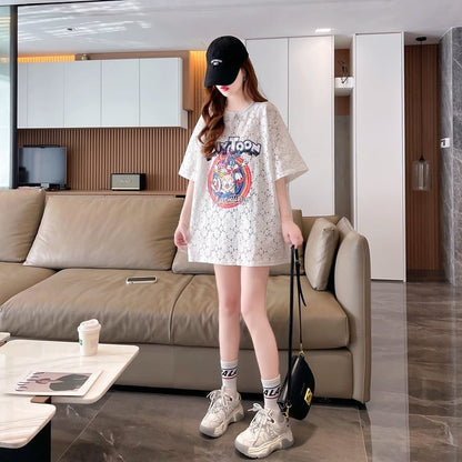 ハイエンドデザインセンスレース中空ルーズミドル丈半袖Tシャツins-3035