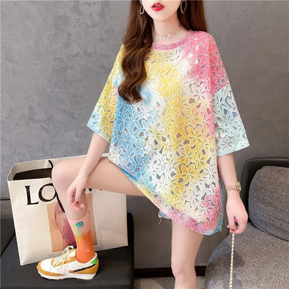 オシャレ度満点 スタイリッシュ ラウンドネック 透かし彫り Tシャツ カットソーins-2957