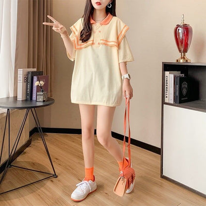絶対欲しい セーラーカラー ロング Tシャツ 三色 ゆったりワンピースins-4028