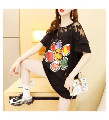大人可愛い レース 切り替え 透かし彫り プリント全2色 半袖Tシャツ カットソー ins-8560