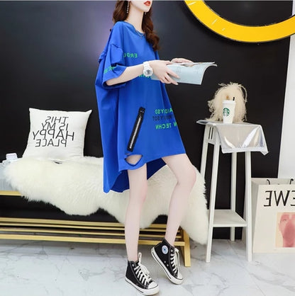 超人気 ゆったりロング丈 ダメージ加工 三色半袖Tシャツins-8107