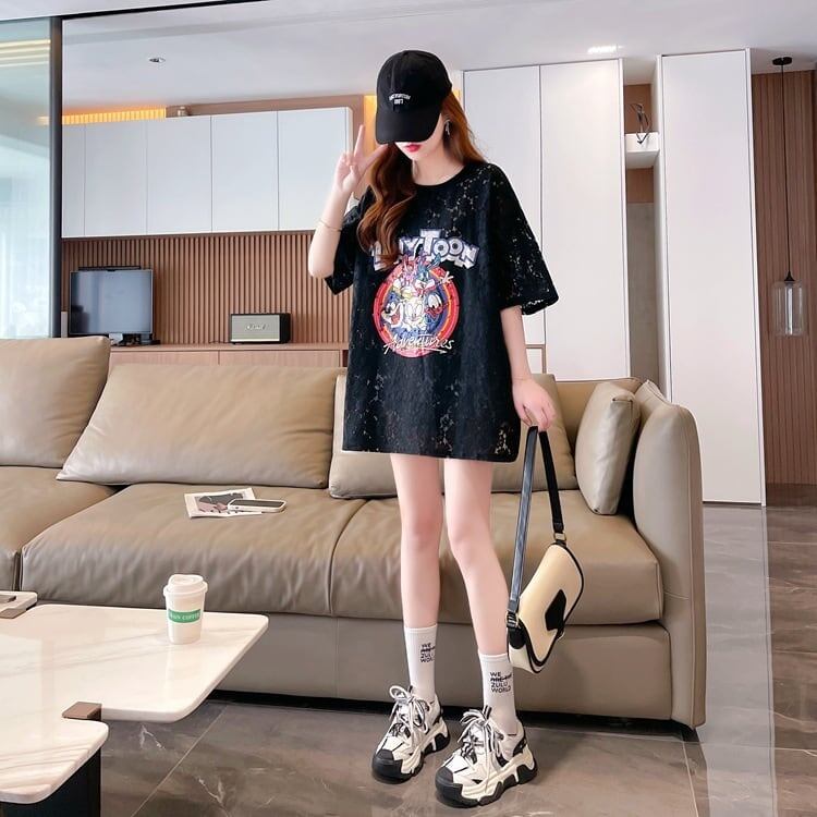 ハイエンドデザインセンスレース中空ルーズミドル丈半袖Tシャツins-3035