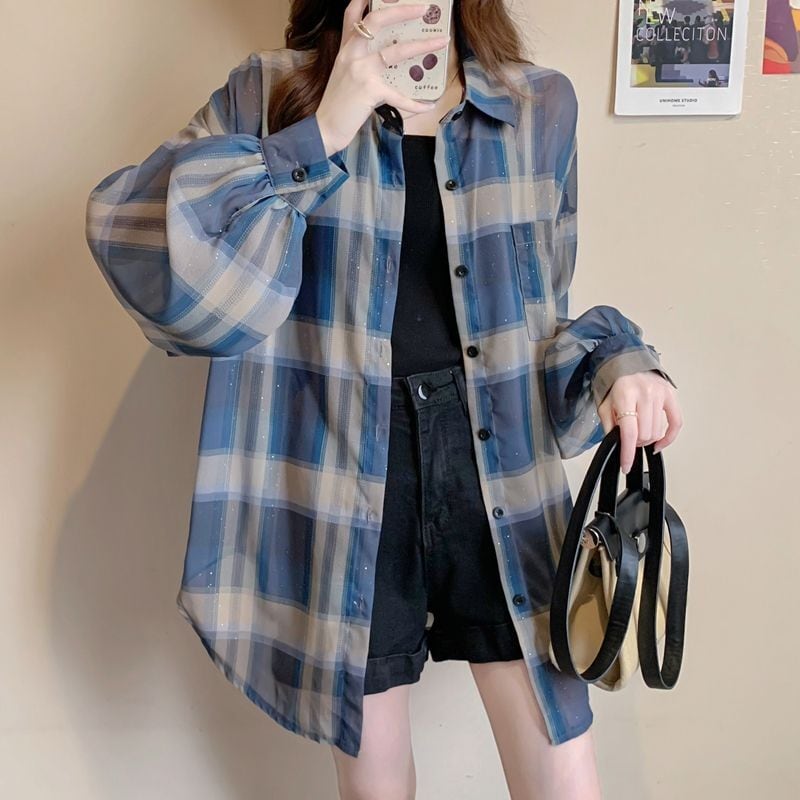 定番シンプル チェック柄 透け感 日焼け対策 全3色 シャツ ins-8544