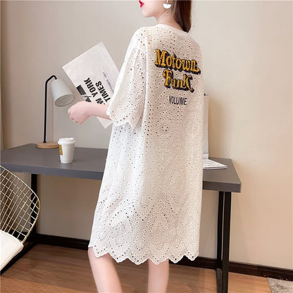 【半額！期間限定！！】新作超注目中空プリントレースルーズTシャツミドル丈ins-3025