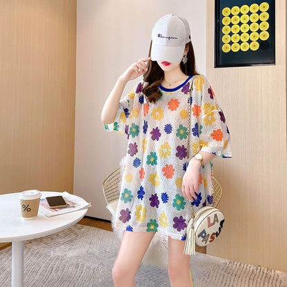 大人可愛い 紫外線対策 半袖 ラウンドネック ルーズ Tシャツ ins-8642