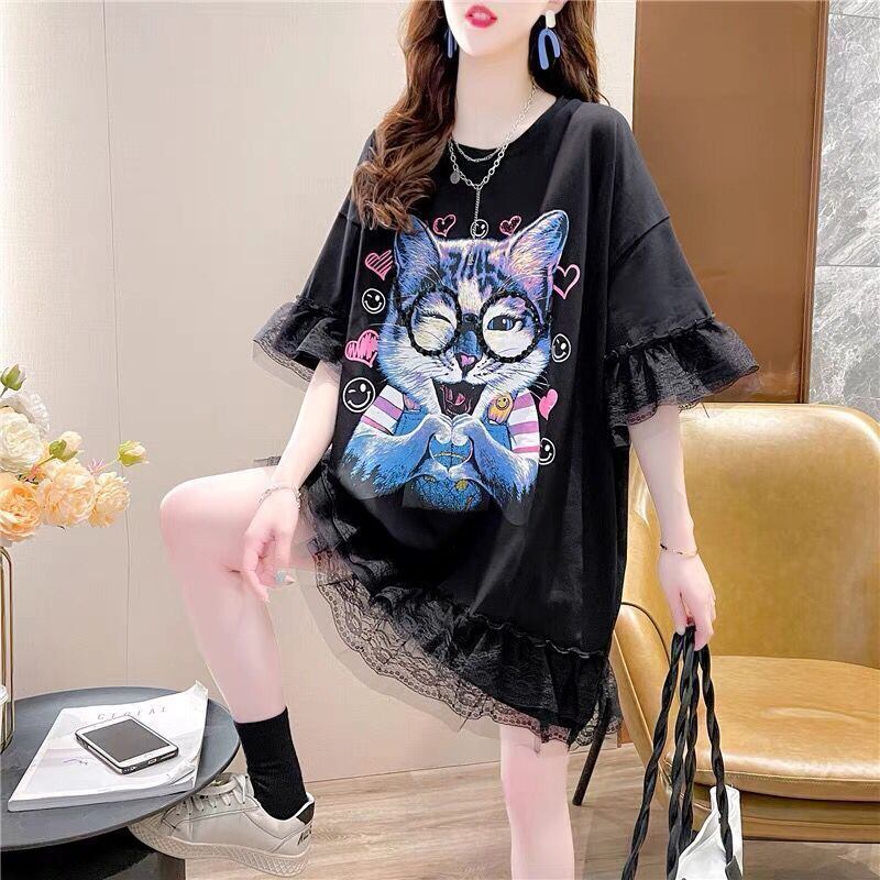 話題沸騰中 キュート ゆったり ロング丈 切り替え 2色半袖Tシャツins-8133