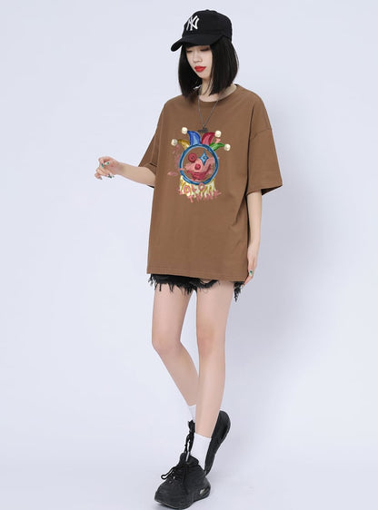 話題沸騰中 カジュアル ゆったり プリント 6色 半袖Tシャツins-8164