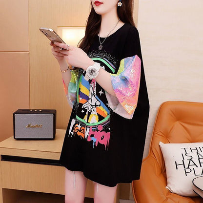 新作 切り替え プリント ピンク プリント スパンコール  全3色 半袖Tシャツins-8165