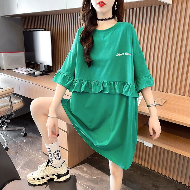 【半額！期間限定！！】合わせやすい フリル 切り替え プリント Tシャツ ゆったりワンピースins-3008