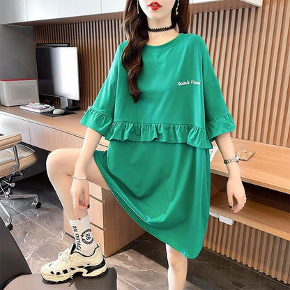 【半額！期間限定！！】合わせやすい フリル 切り替え プリント Tシャツ ゆったりワンピースins-3008