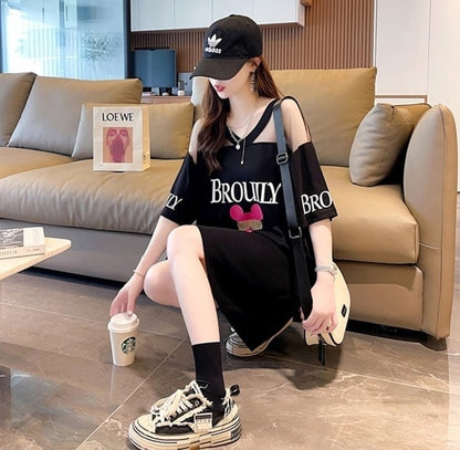 売り切れ必至 セクシー Vネック 切り替え チュール プリントTシャツ ゆったりワンピース ins-3050