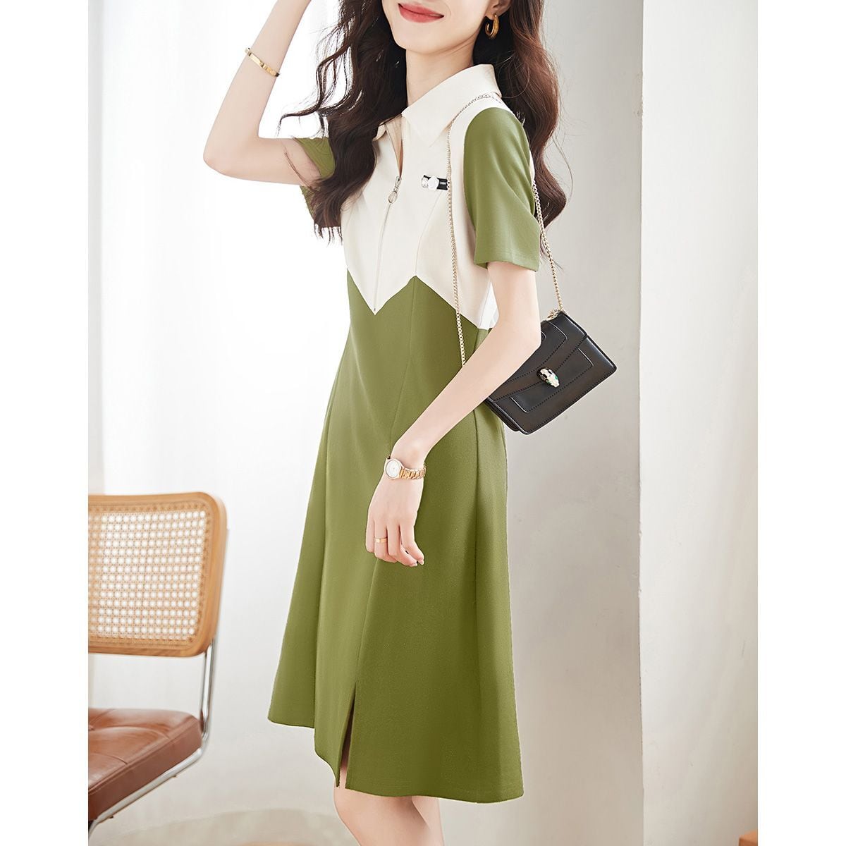 超人気 カジュアル ファッション 切り替え 半袖ワンピースins-8446