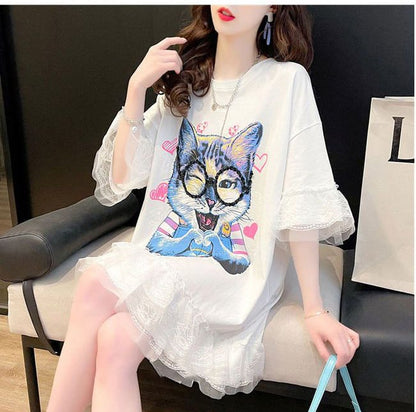 話題沸騰中 キュート ゆったり ロング丈 切り替え 2色半袖Tシャツins-8133