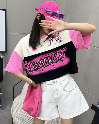 着回し力抜群 韓国系 切り替え三色 ゆったり半袖Tシャツ ins-8455