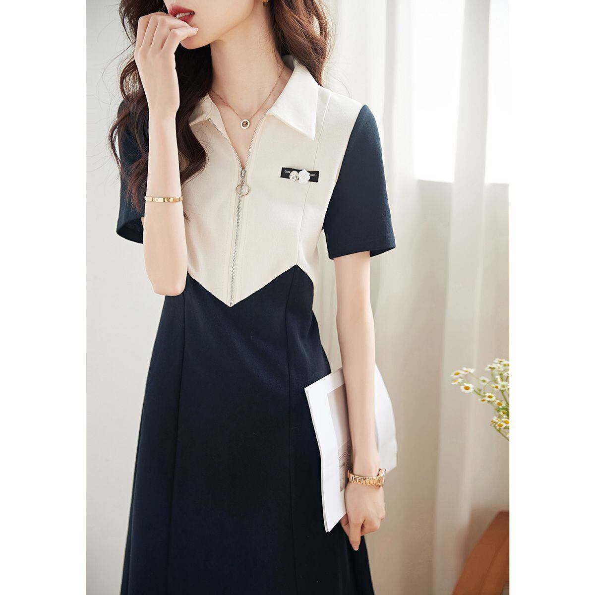 超人気 カジュアル ファッション 切り替え 半袖ワンピースins-8446