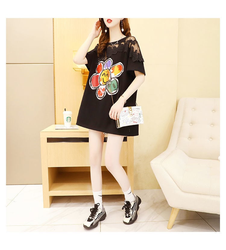 大人可愛い レース 切り替え 透かし彫り プリント全2色 半袖Tシャツ カットソー ins-8560