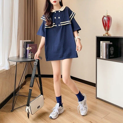 絶対欲しい セーラーカラー ロング Tシャツ 三色 ゆったりワンピースins-4028