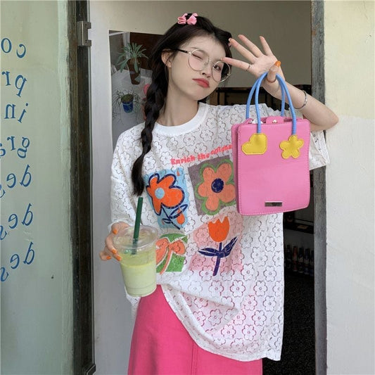 新作 透かし彫り プリント ゆったり 半袖 Ｔシャツ ins-8089