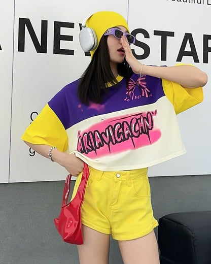 着回し力抜群 韓国系 切り替え三色 ゆったり半袖Tシャツ ins-8455