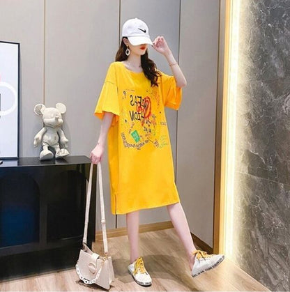 好感度UP カジュアル ゆったりロング丈 切り替え 三色 半袖Tシャツins-8166