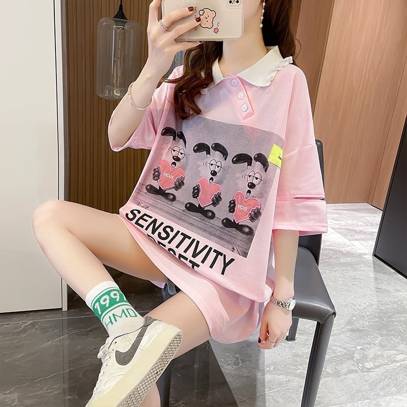 夏新作 POLOネック アルファベットプリント ロング Tシャツ ゆったりワンピース ins-3038