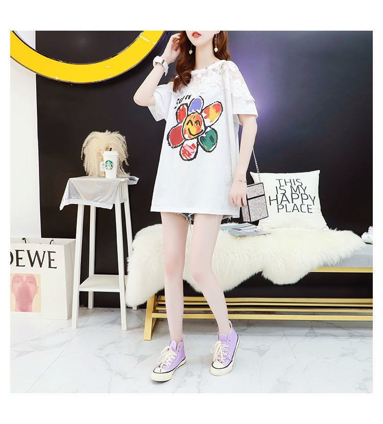 大人可愛い レース 切り替え 透かし彫り プリント全2色 半袖Tシャツ カットソー ins-8560