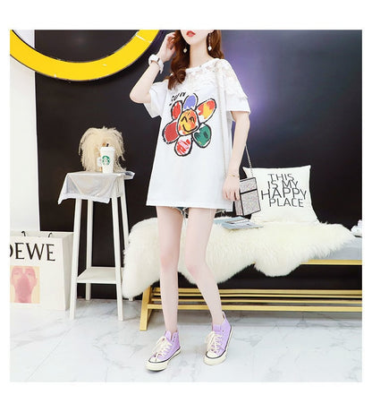 大人可愛い レース 切り替え 透かし彫り プリント全2色 半袖Tシャツ カットソー ins-8560