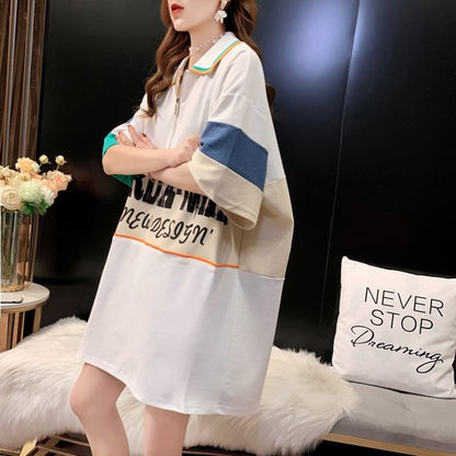 韓国系 POLOネック 切り替え ファスナー ロング Tシャツ 二色 ゆったりワンピース ins-3015