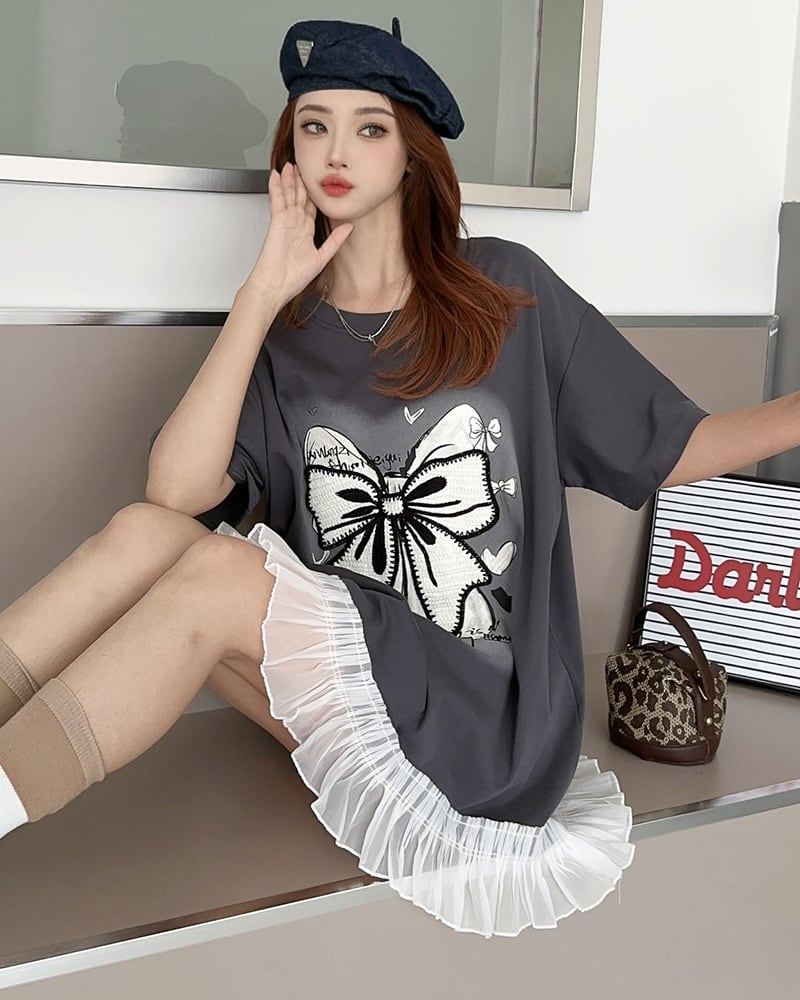 今季マストバイ 切り替え プリントゆったり 半袖Tシャツ 全4色ins-8256