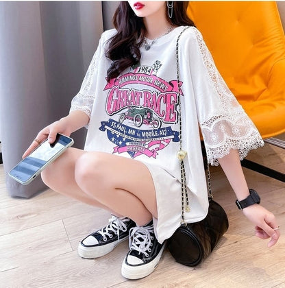 新作 ロング プリントTシャツ 半袖 ピンクins-2810