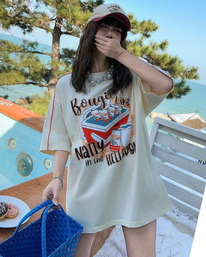 着せ ビッグロゴ ゆったり ロングTシャツ 半袖 ワンピースins-4859