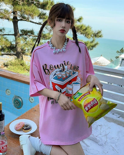 着せ ビッグロゴ ゆったり ロングTシャツ 半袖 ワンピースins-4859