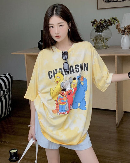 売り切れ必至  絞り染め プリント ビッグロゴ ゆったりトップス 半袖Tシャツ 全2色ins-8272