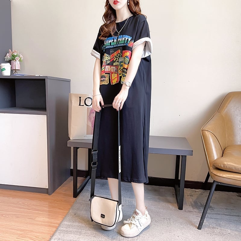 スタイリッシュ 一目惚れ プリント Tシャツ カットソー ワンピースins-3575