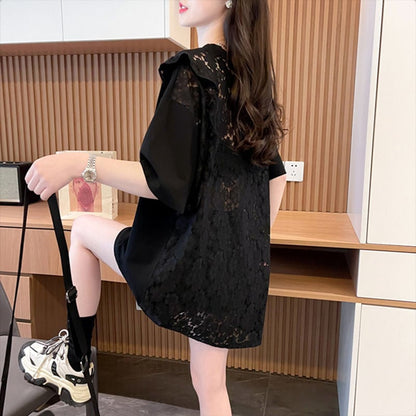 【半額！期間限定！！】着回し力抜群 プリント 切り替え レース 切り替え ゆったり半袖 Tシャツ ins-8527